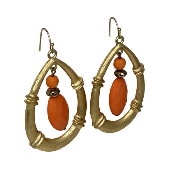 Gold-Tone Coral Orange Large Teardrop Dangle Earrings Statement - Picture 2 of 9